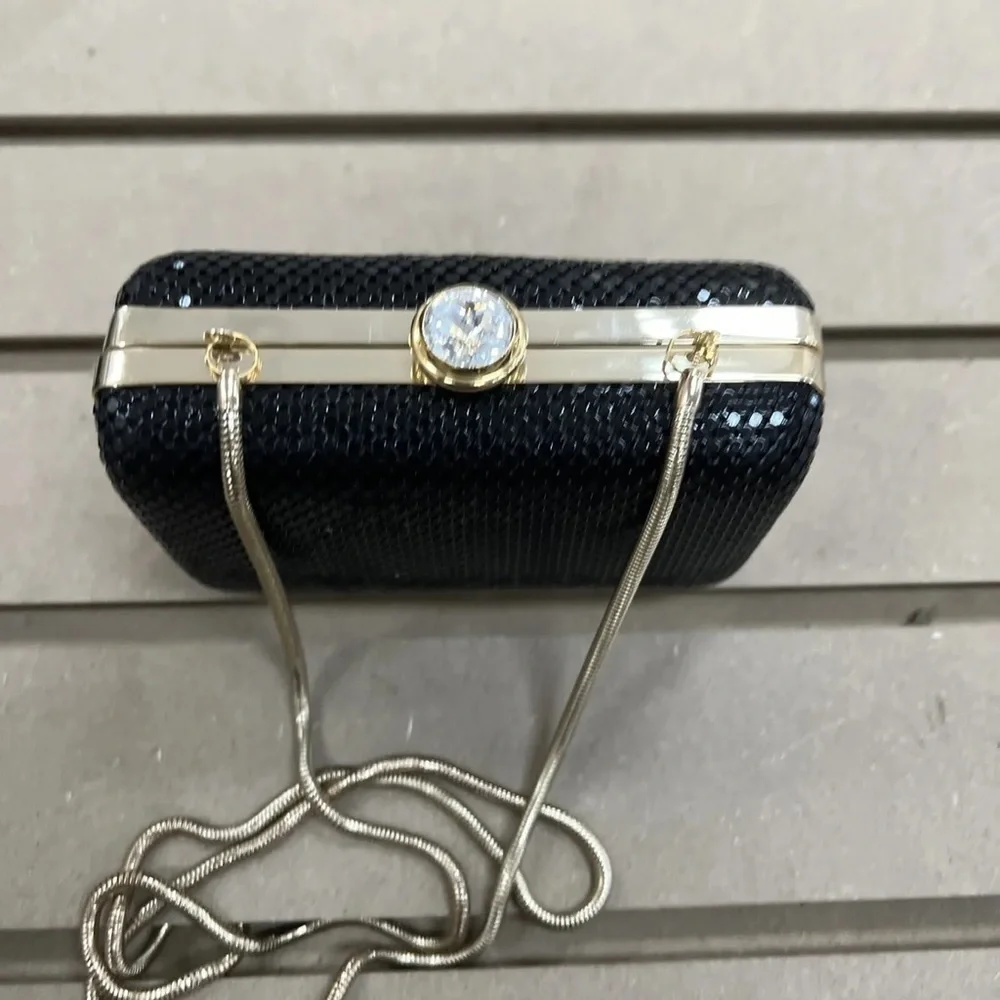 SONDRA ROBERTS Shoulder-Bag Box Clutch Hard-Case-Mesh Rhinestone Clasp Metallic - Picture 1 of 7